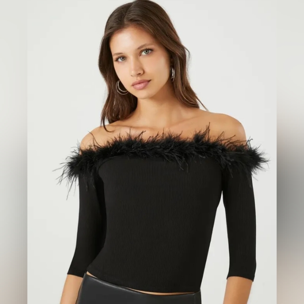 Forever 21 Black Off-Shoulder Half Sleeve with Feather Trim